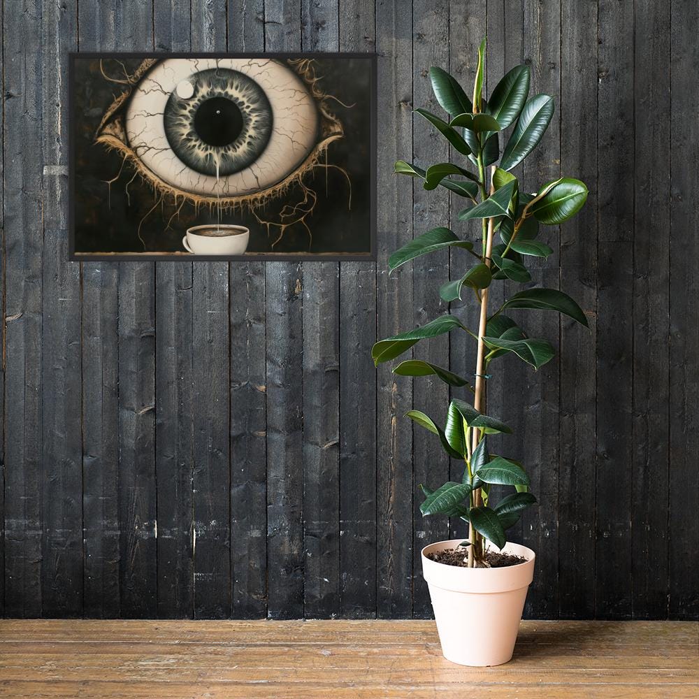 Caffeine Eye Framed Poster: Surreal Coffee Art Print