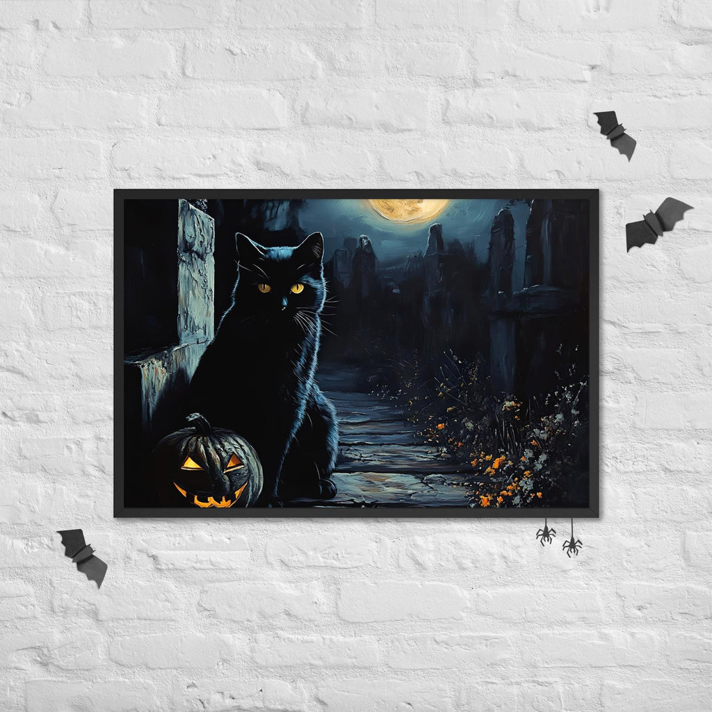 Halloween Black Cat Framed Poster: Spooky Pumpkin Art