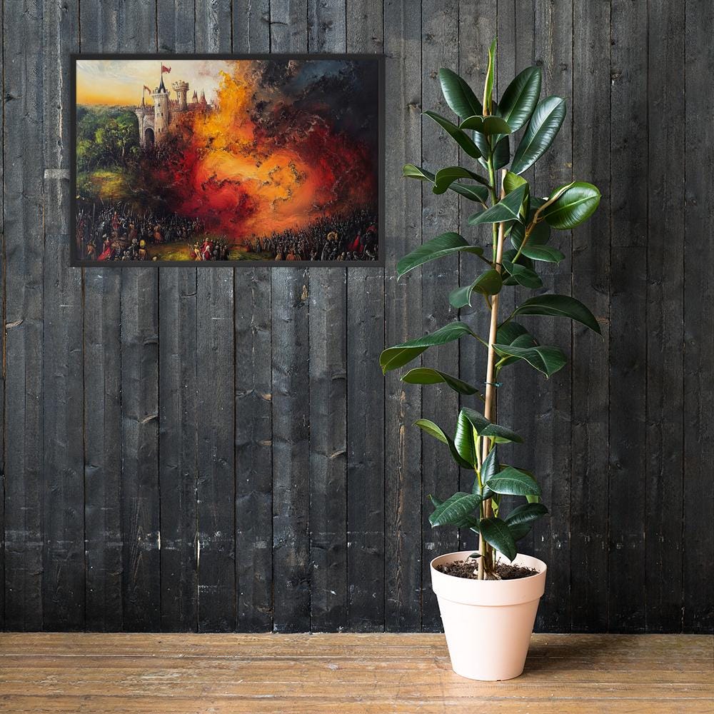 Castle Ablaze Framed Poster: Dramatic Matte Print