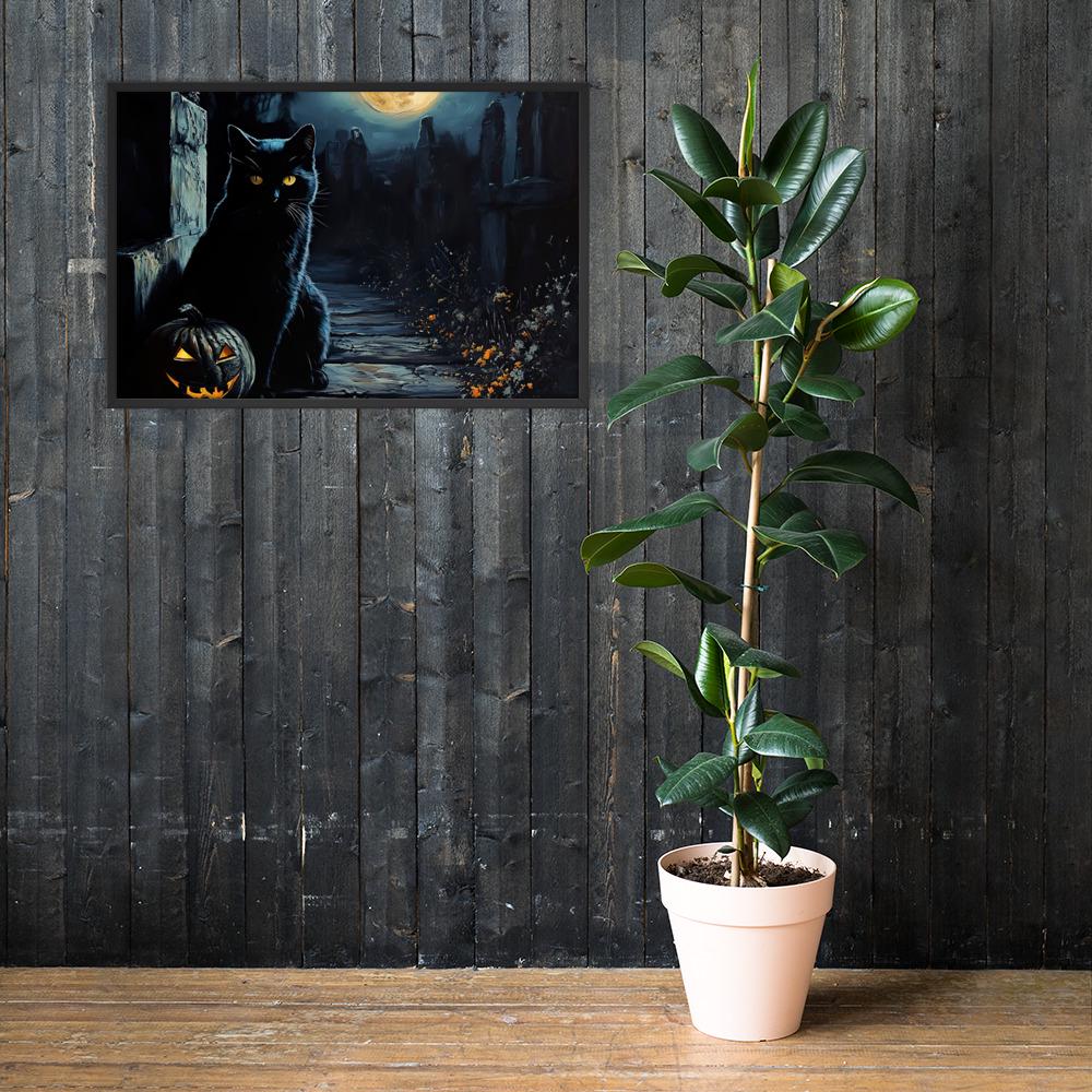 Halloween Black Cat Framed Poster: Spooky Pumpkin Art