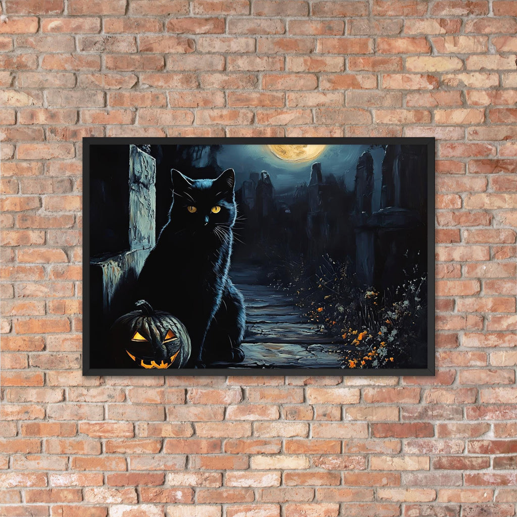 Halloween Black Cat Framed Poster: Spooky Pumpkin Art